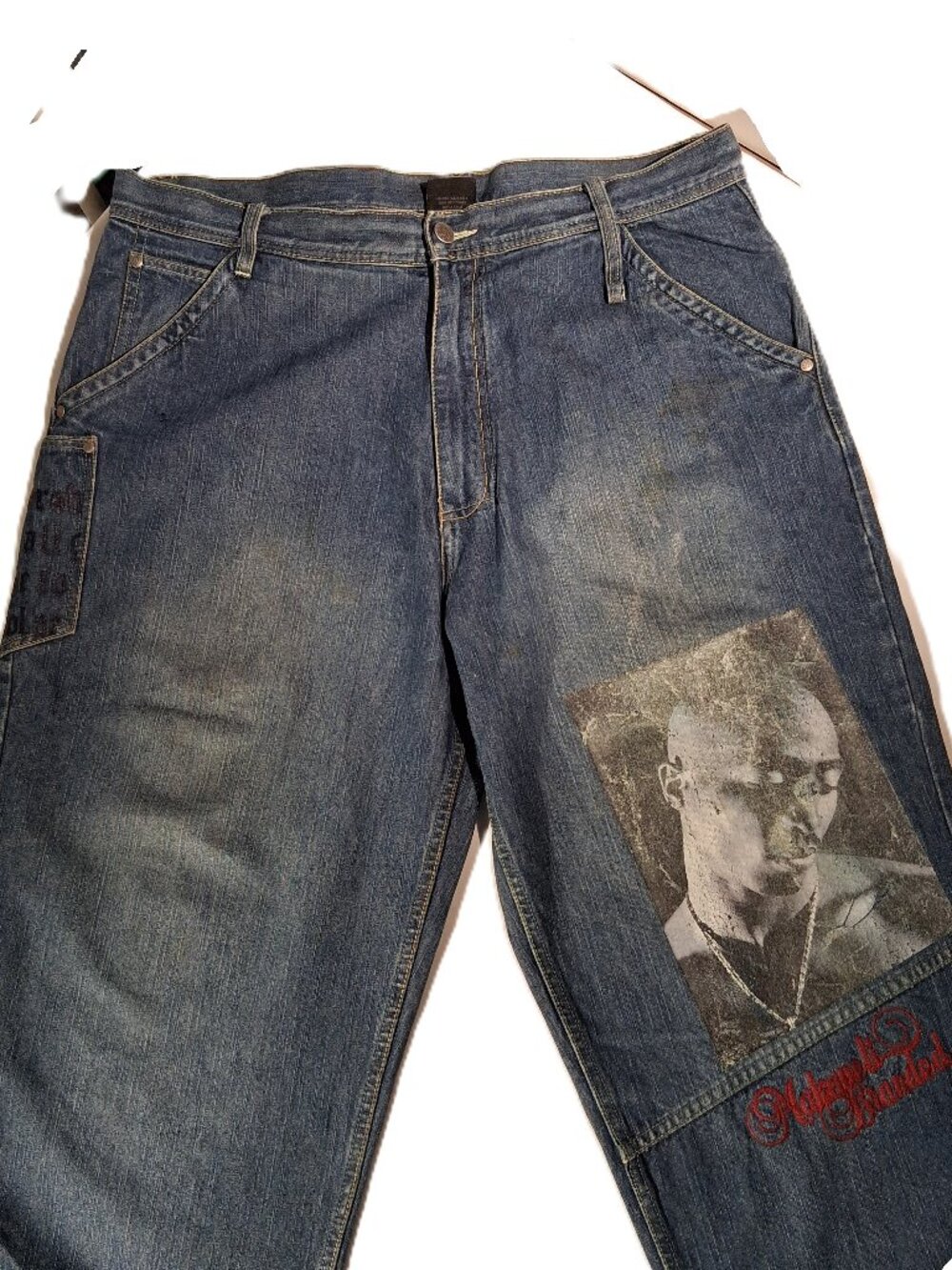 MAKAVELI TUPAC SHAKUR JEANS   36 x 34  Iron-On Graphics  Lyrics-Back Pocket  VGC